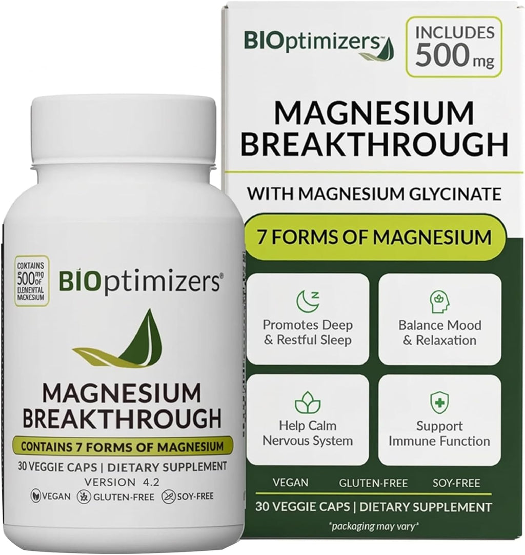 BIOptimizers Magnesium Breakthrough Supplement with 500mg - 7 Forms of Magnesium: Glycinate, Malate, Citrate, and More - Natural Support for Sleep and Cognitive Function -30 Capsules- Calming Vitamins