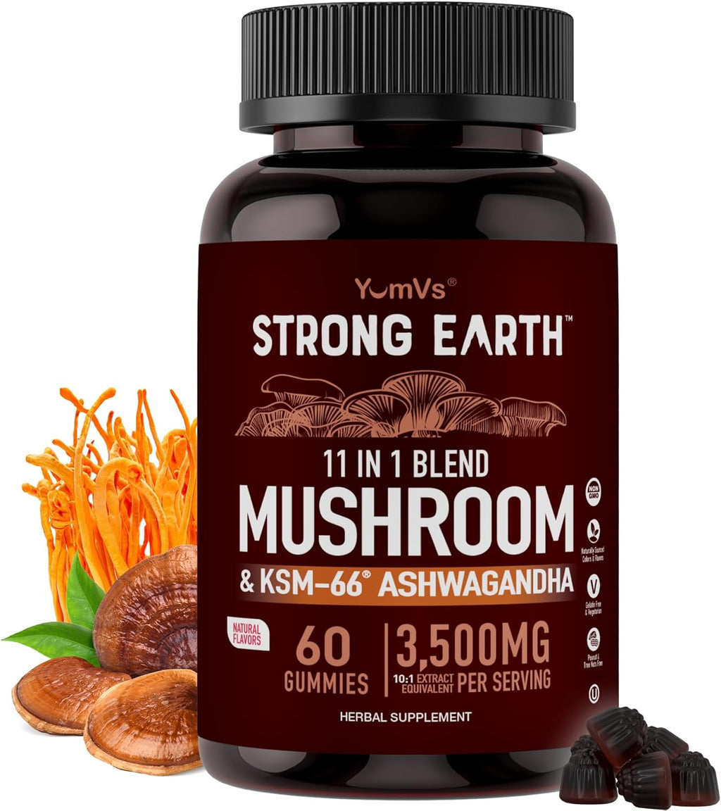 Mushroom Gummies with Ashwagandha - 350mg 10-in-1 Mushroom Blend - Lions Mane, Cordyceps, Reishi, Chaga, Turkey Tail, Maitake, Shiitake - Gelatin Free, Vegetarian - 60 Count (2 Per Serving)