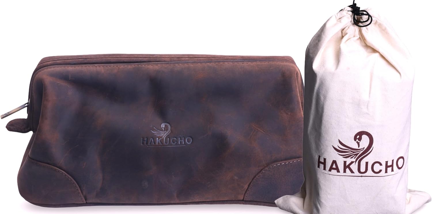 Leather Toiletry Bag – Where Elegance Meets Everyday Utility, Grooming Travel Pouch, Shaving Kit Toiletries, Leather Makeup Bag with Water resistant Lining, Men & Women (DARK BROWN)