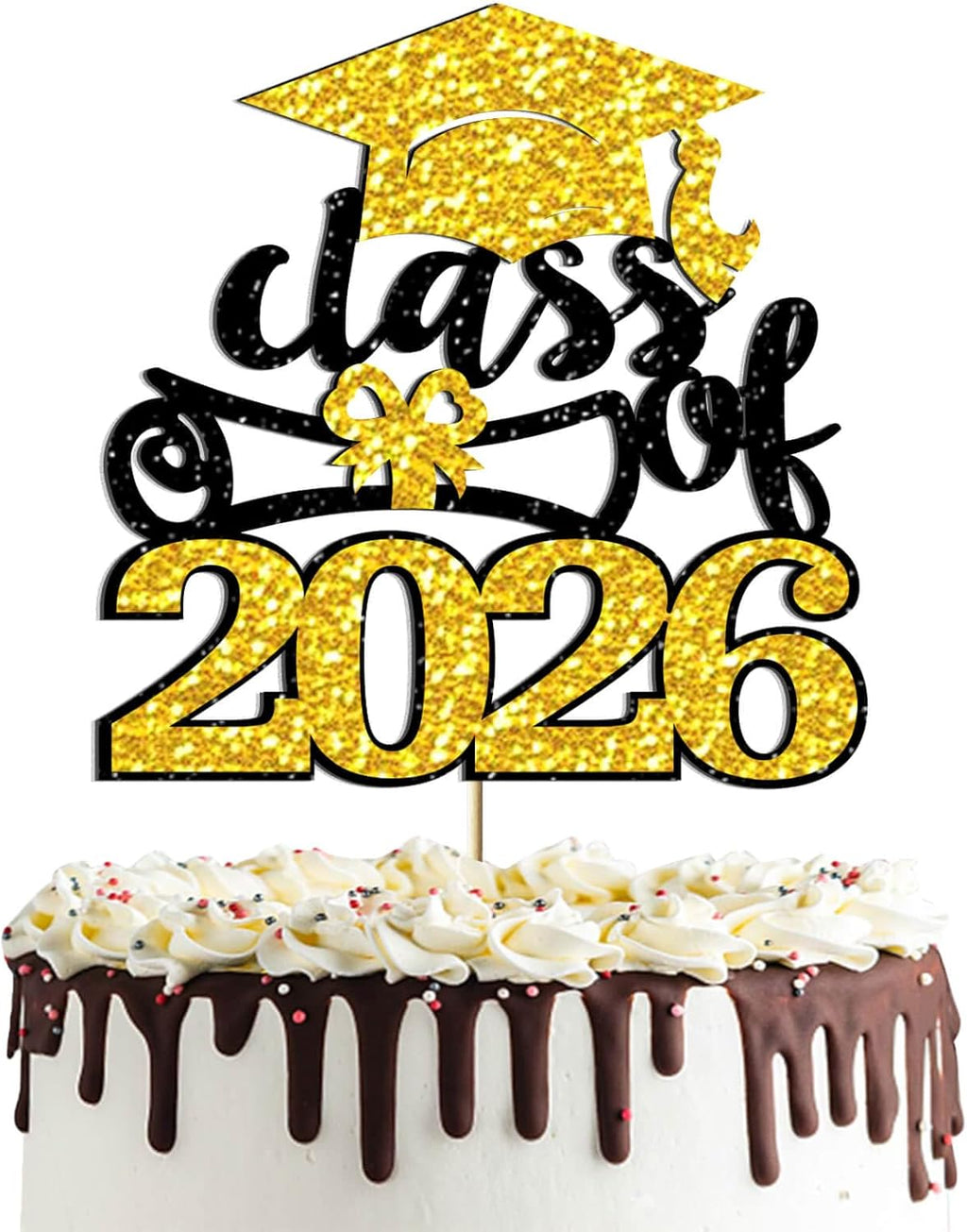 Black Gold Glittery Class of 2026 Cake Topper - Congrats Grad Senior High School/University Graduation/College/So Pround of You/2026 Graduation Party Cake Supplies Decorations