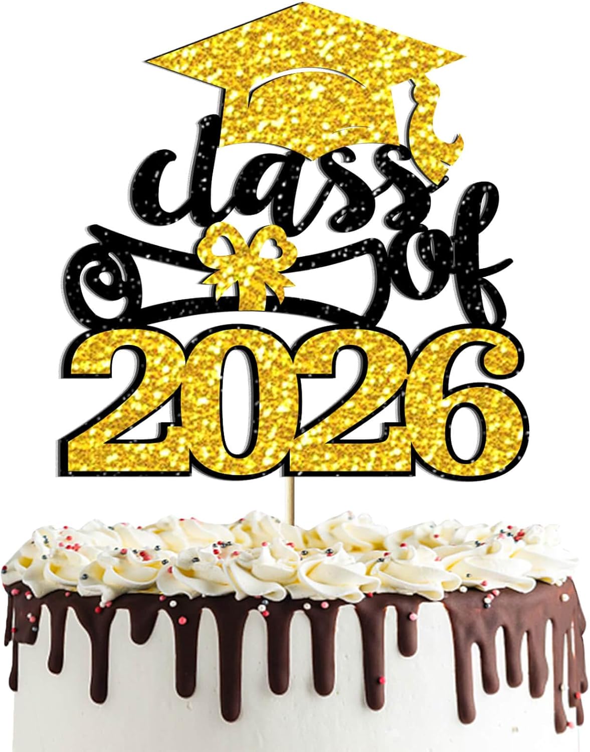 Black Gold Glittery Class of 2026 Cake Topper - Congrats Grad Senior High School/University Graduation/College/So Pround of You/2026 Graduation Party Cake Supplies Decorations