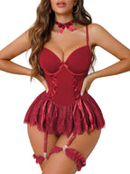 Women's Lingerie Sets 4 Piece Lace Underwire Corset Bodysuit with Garter Belt & Bow Tie