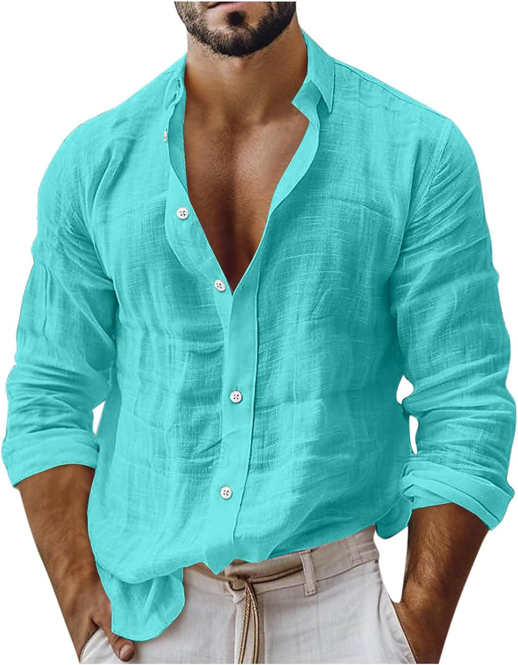 Men's Casual Tops Long Sleeve Cotton Gauze Shirts Buttons Down Solid Plain Band Collar Summer Beach Hippie Shirt