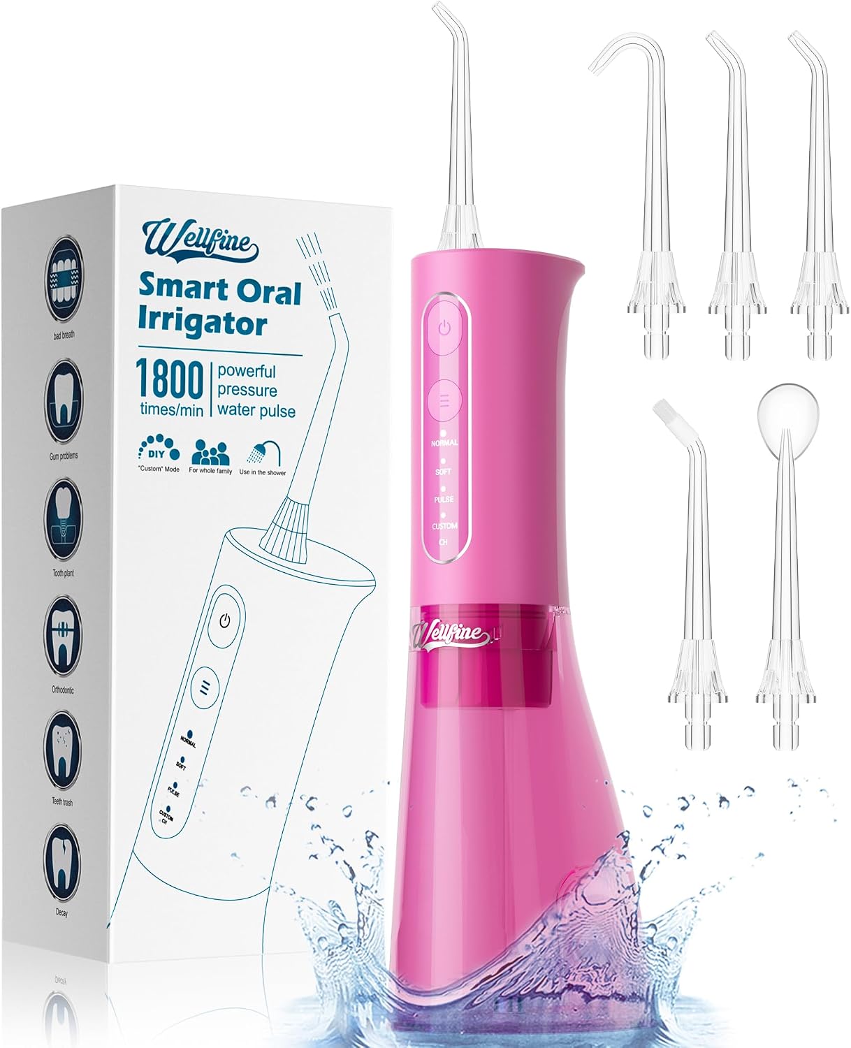 WELLFINE Water Dental Flosser Teeth Pick - 4 Modes Cordless Oral Irrigator 300ML Portable Rechargeable IPX7 Waterproof Powerful Battery Life Water Dental Piks for Cleaning for Home Travel (Magenta)