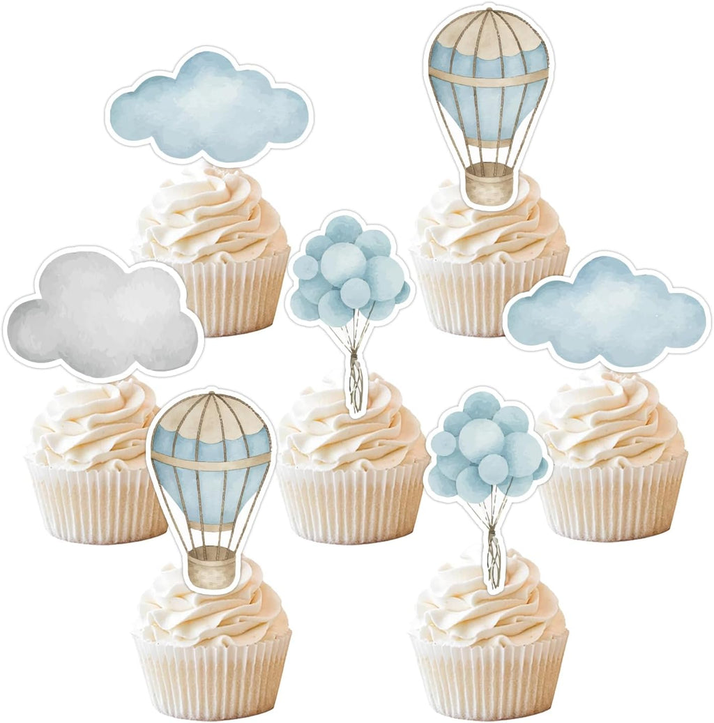36Pcs Hot Air Balloon Cupcake Toppers, Adventure Awaits Cupcake Picks Blue Hot Air Balloon Clouds Cake Decorations for Boys Girls Baby Shower Birthday Party Supplies