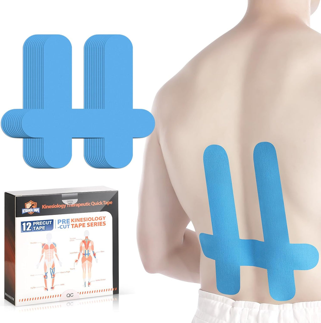PreCut Kinesiology Tape for Lower Back, 12PCS Kinesiology Tape Precut for Lower Back, KTQUICK Original Cotton Waterproof & Breathable Latex-Free, Enhance Elastic Athletic Tape for Support Muscle(Blue)