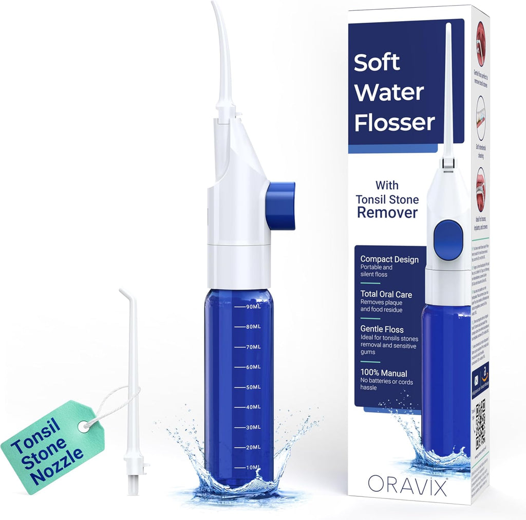 Oravix Dental Water Flosser, Tonsil Stone Remover, Gentle Oral Irrigator for Sensitive Teeth and Gums, Kids Manual Water Flosser, No Electricity or Batteries