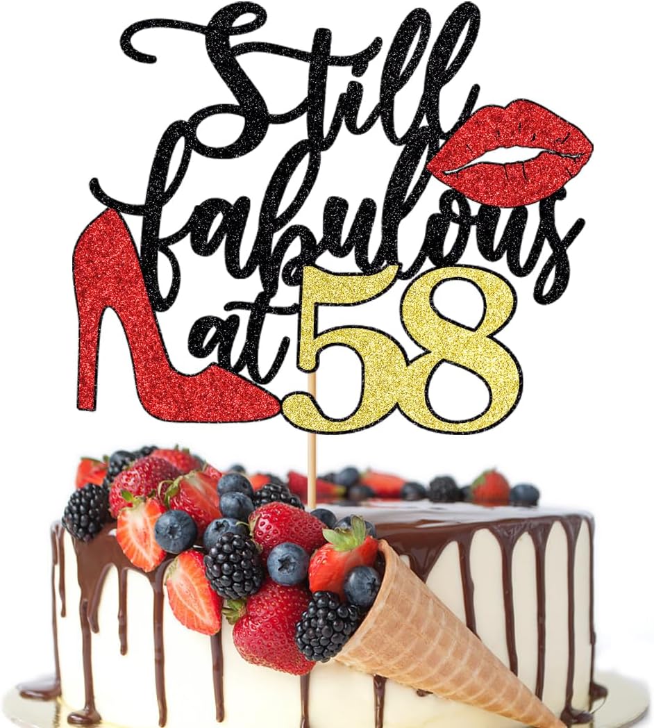 Still Fabulous at 58 Cake Topper,Happy 58th Birthday Queen High heels Big Red lips Cake Topper,Women 58th Birthday Party Cake Decorations