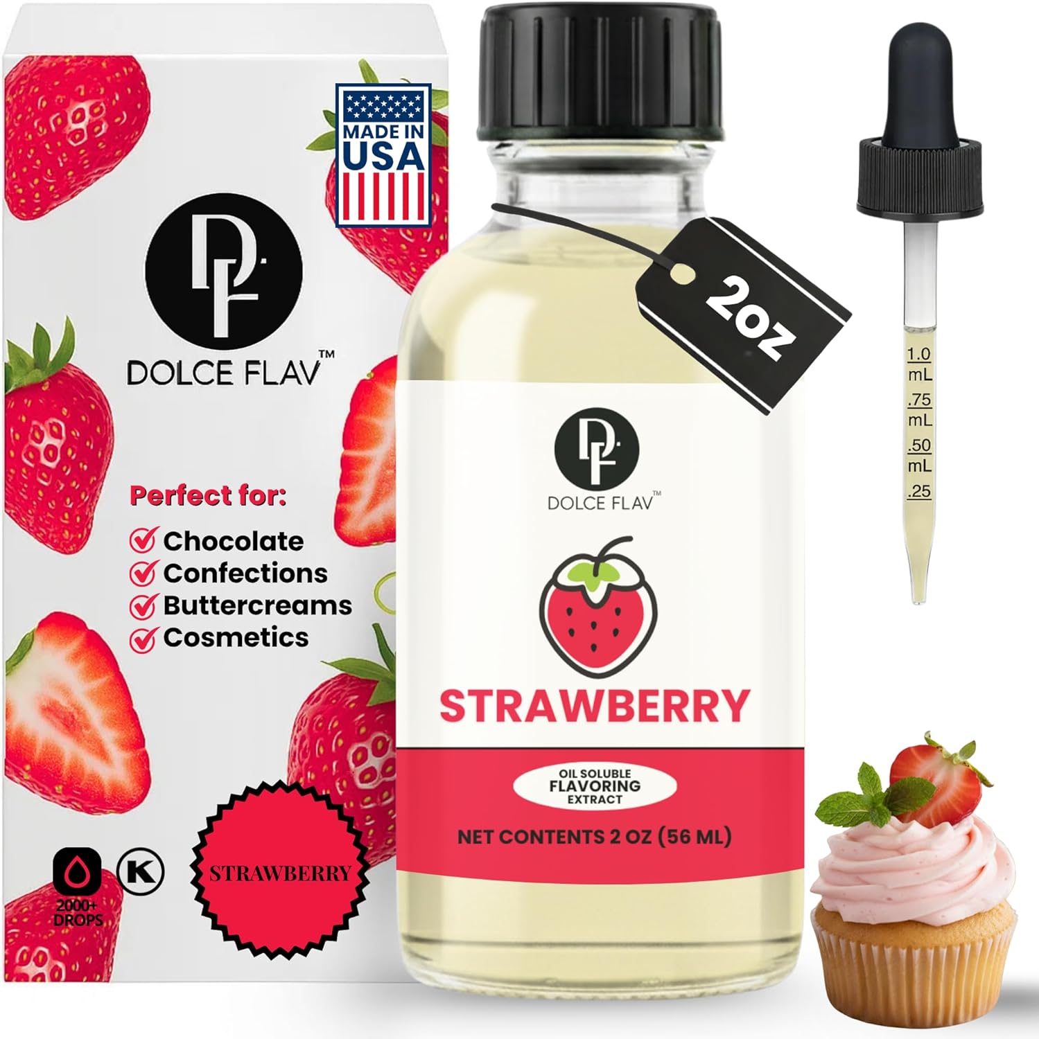 Dolce Flav Strawberry Extract – 2 Ounce Oil-Soluble Kosher, Sugar-Free, Concentrated Berry Flavor for Candy, Chocolates & Desserts, Includes Measured Dropper