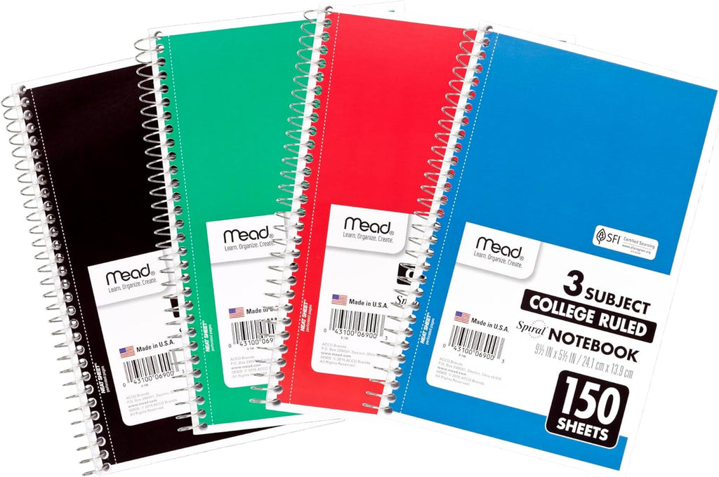 Mead® Wirebound Notebook, 6" x 9 1/2", 3 Subject, College Ruled, 300 Pages (150 Sheets), Assorted Colors