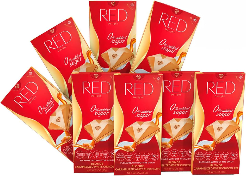 Red Delight Caramelized White Chocolate Bars - Pack of 8 - Full-Size Chocolate Treats - No Added Sugar, Lower Calorie, Reduced Fat Recipe