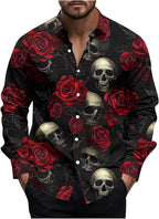 Halloween Graphic Shirts for Men Funny Skull Printed Long Sleeve Lapel Button Down Shirt Casual Fashion Holiday Tops