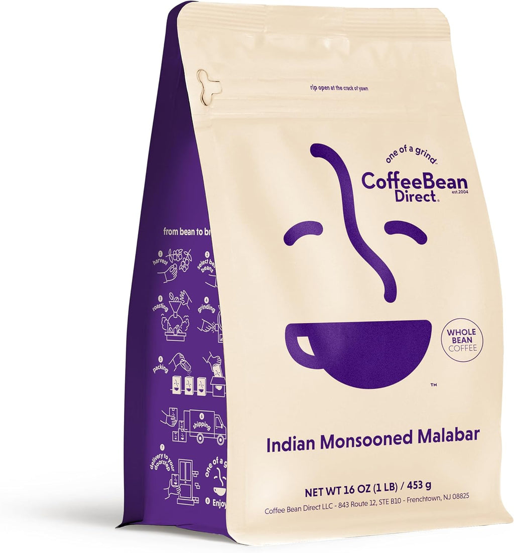 Coffee Bean Direct Indian Monsooned Malabar, Whole Bean Coffee, Arabica Coffee, Light Roast, 1 Pound Bag (Pack of 1)