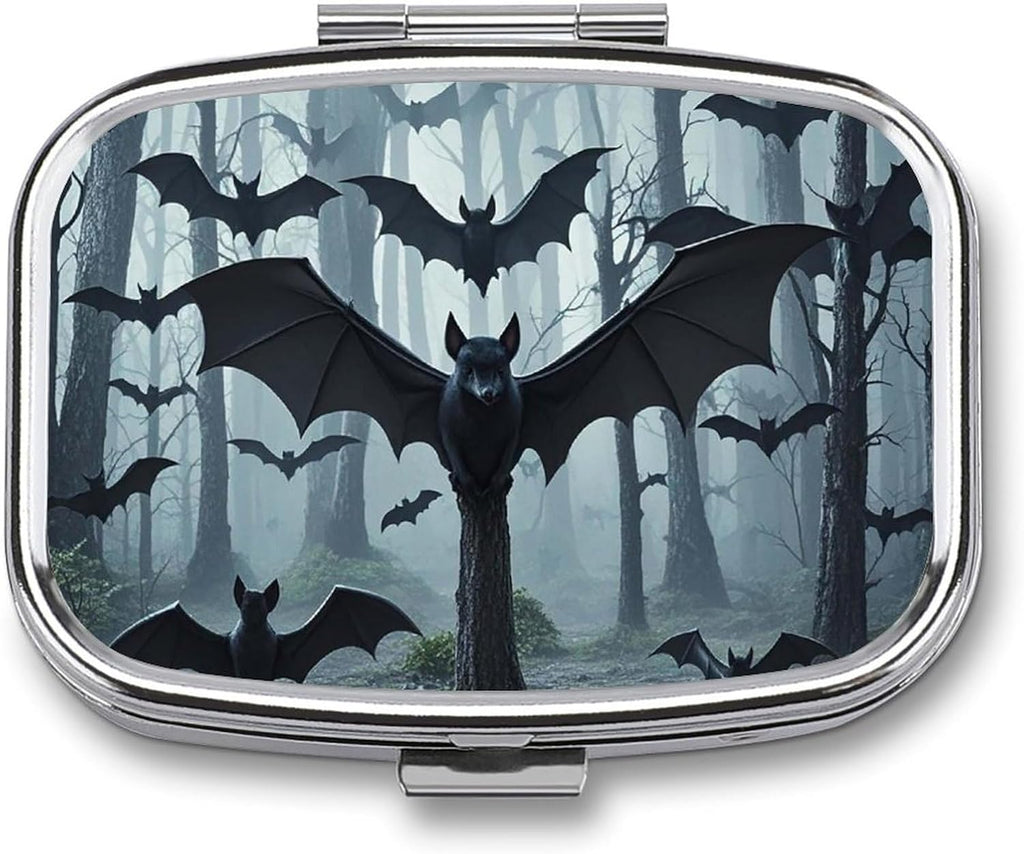 Square Pill Box Purple Black Goth Spooky Bat Pill Case 2 Compartment Medicine Pill Organizer for Purse & Pocket Portable Travel Pillbox Medicine Vitamin Cod Liver Oil Storage Box Organizer