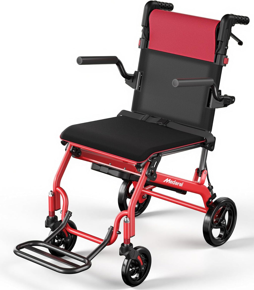 Lightweight Wheelchair for Adults, Transport Wheelchair Foldable Chair, Portable Ultra Light(Weighs Only 20.5 lbs) for Seniors, Elderly and Disabled (Red)