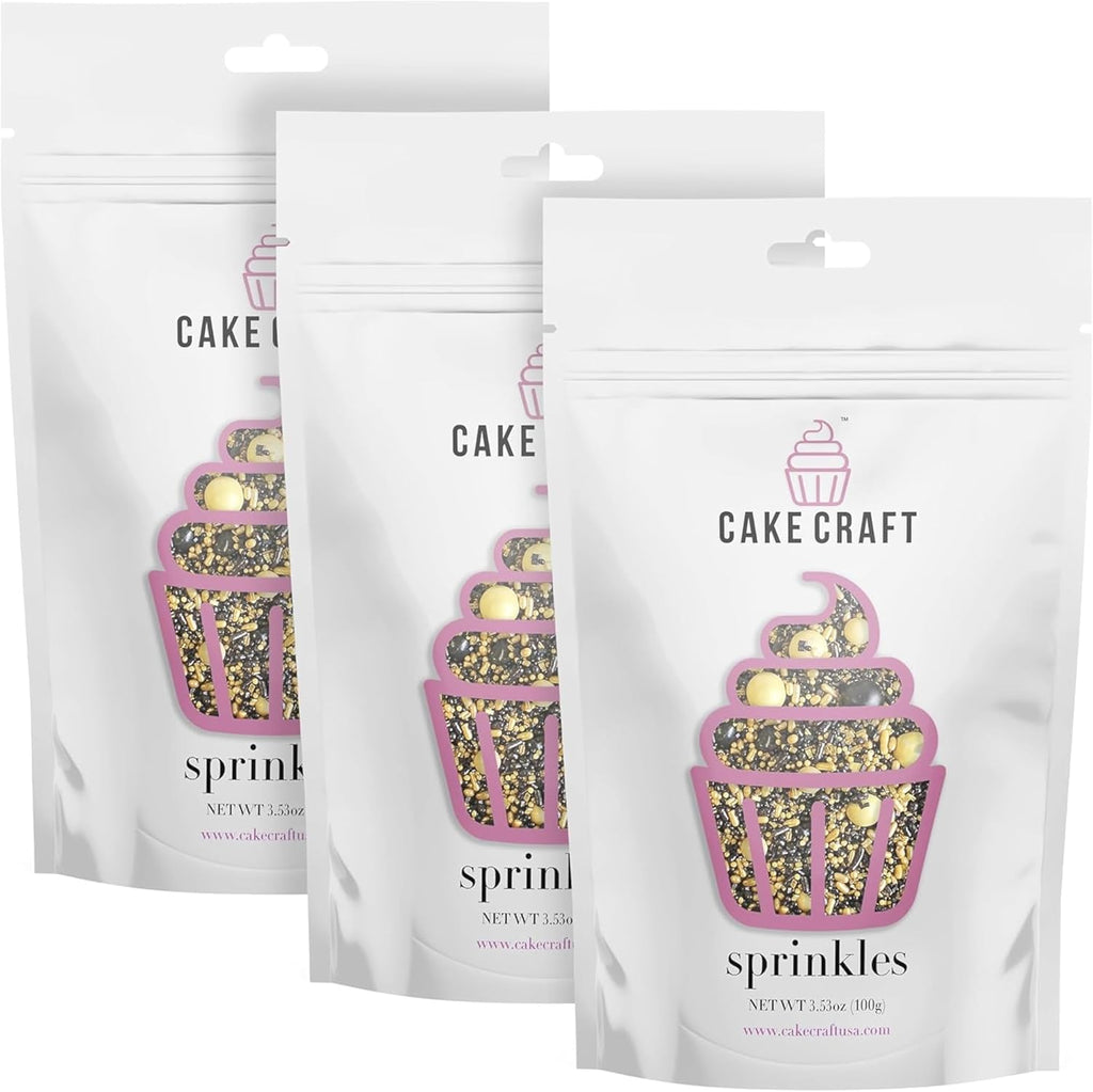 Cake Craft Gold & Black Sprinkles Mix – 3-Pack (100g Each) | Sugar Strands & Sugar Pearls | Luxurious Mixed Sprinkles for Cakes, Cupcakes, Cookies & More