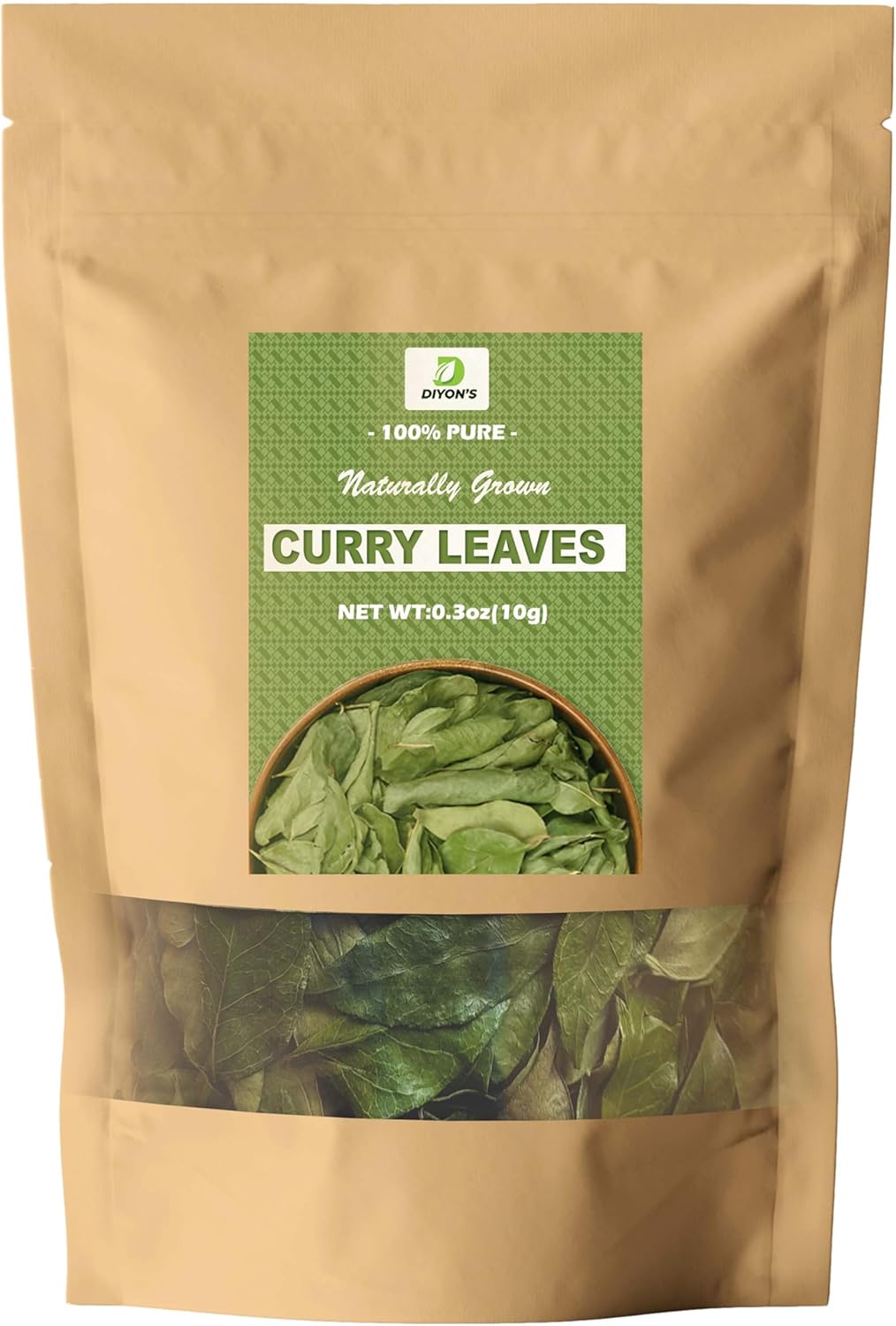 Diyon's whole dried Curry leaves 0.3oz (10g) 100% Natural, Pure and Air Dried Curry Leaves From Sri Lanka, Packed in a Kraft Stand up Resealable Pouch.