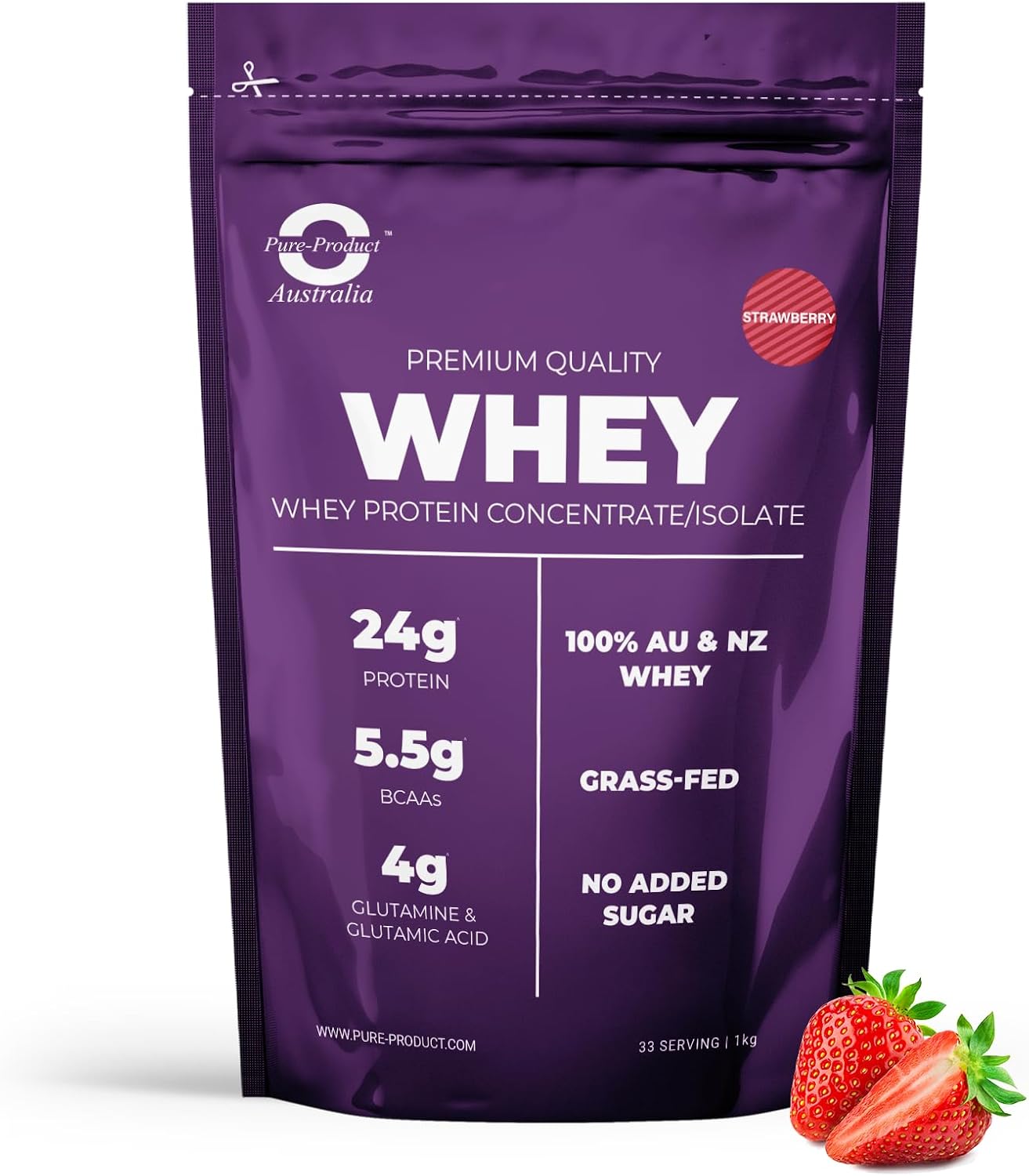 Pure Product Australia - Whey Protein Concentrate & Isolate - Premium Grass Fed AU & NZ Whey - 24g Protein per Serve - Non GMO - 5kg (11 lbs) - Strawberry
