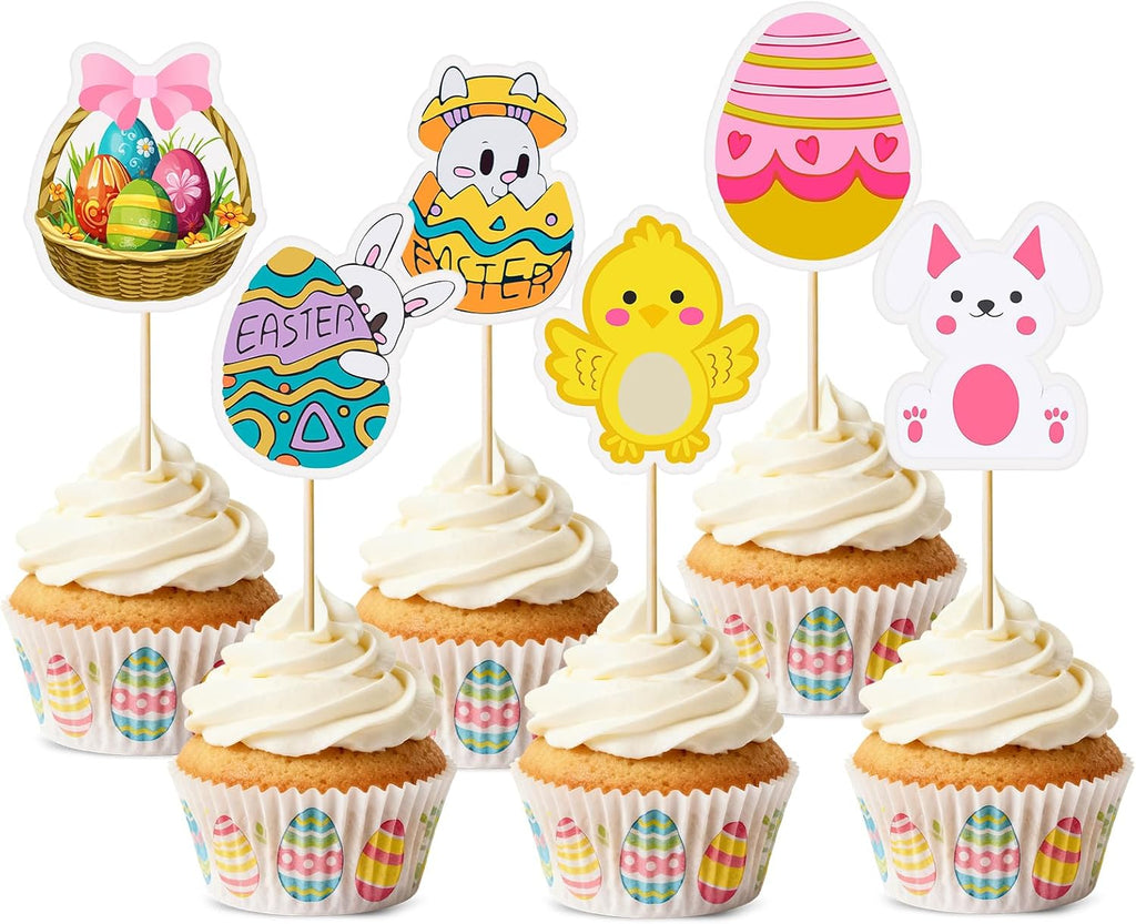 30pcs Easter Cupcake Toppers Egg Rabbit Bunny Chicken Cupcake Toppers Picks for Kids Baby Shower Birthday Easters Theme Party Decorations Supplies (Easter)