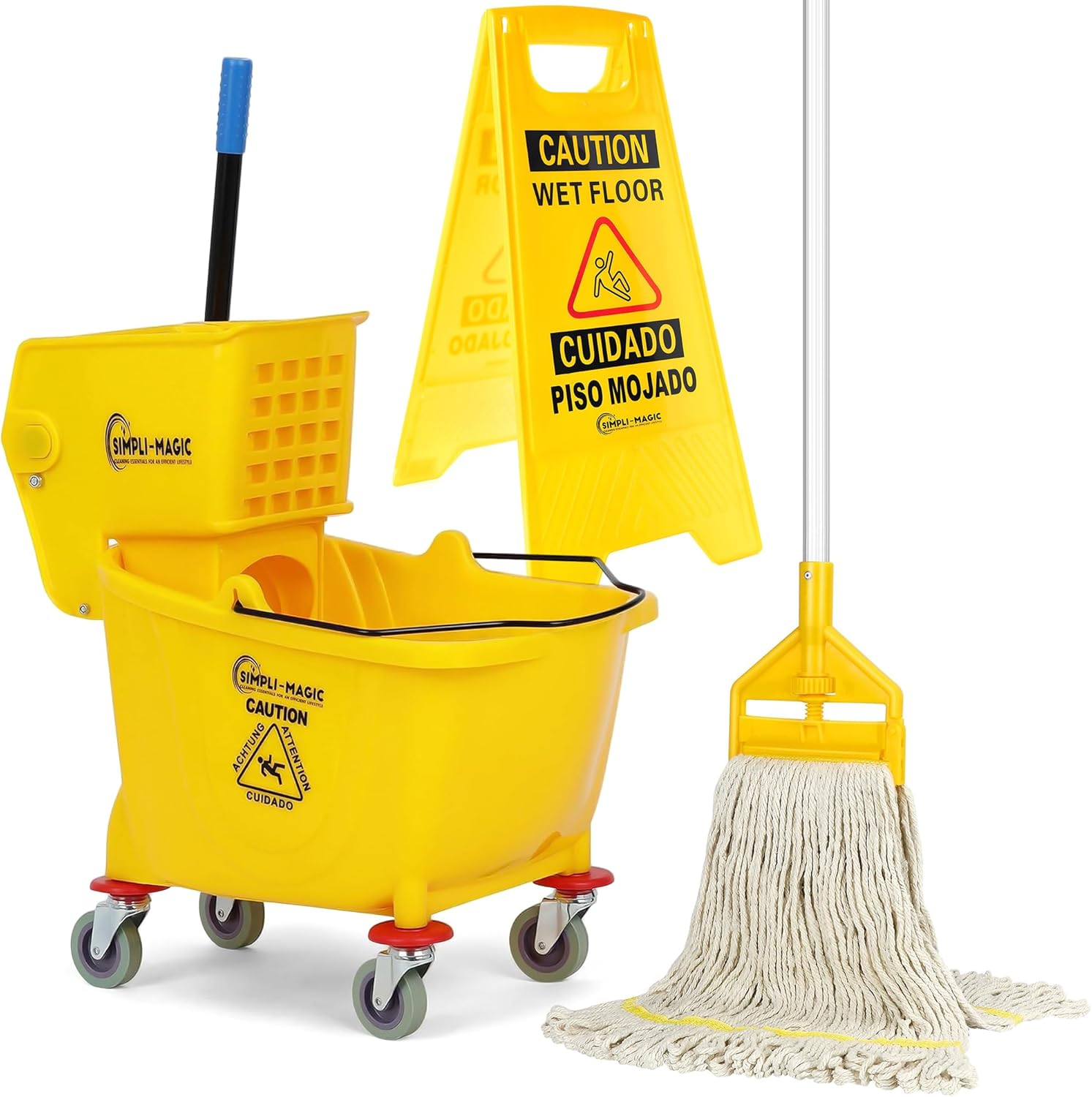 Simpli-Magic Side Press Wringer Combo Commercial Mop Bucket on Wheels, 35 Quart,Yellow, Including Wet Floor Caution Sign and Set, Polyethylene