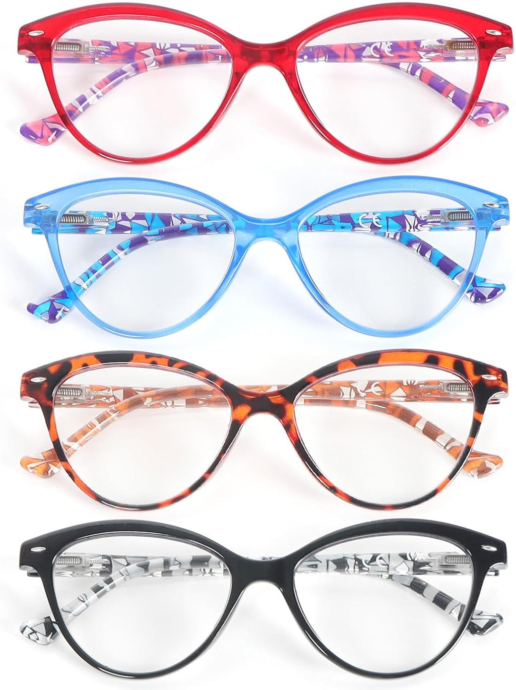 Reading Glasses Cat Eye 4 Pair Comfort Spring Hinges Fashion Ladies Eyeglasses