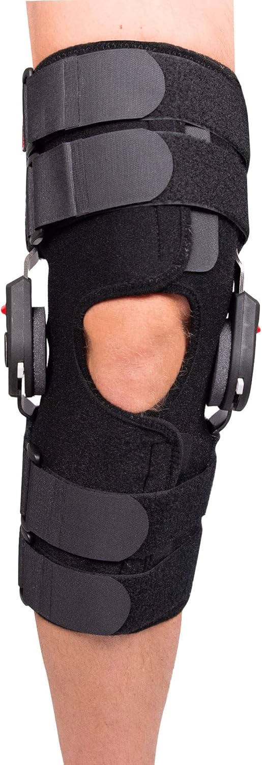 Rally ROM Hinged Knee Brace – Adjustable Compression Knee Support w/Removable ROM Hinges & Drop-Lock Flexion Control – Breathable Wraparound Fit With Anti-Migration Design (Medium- Short)