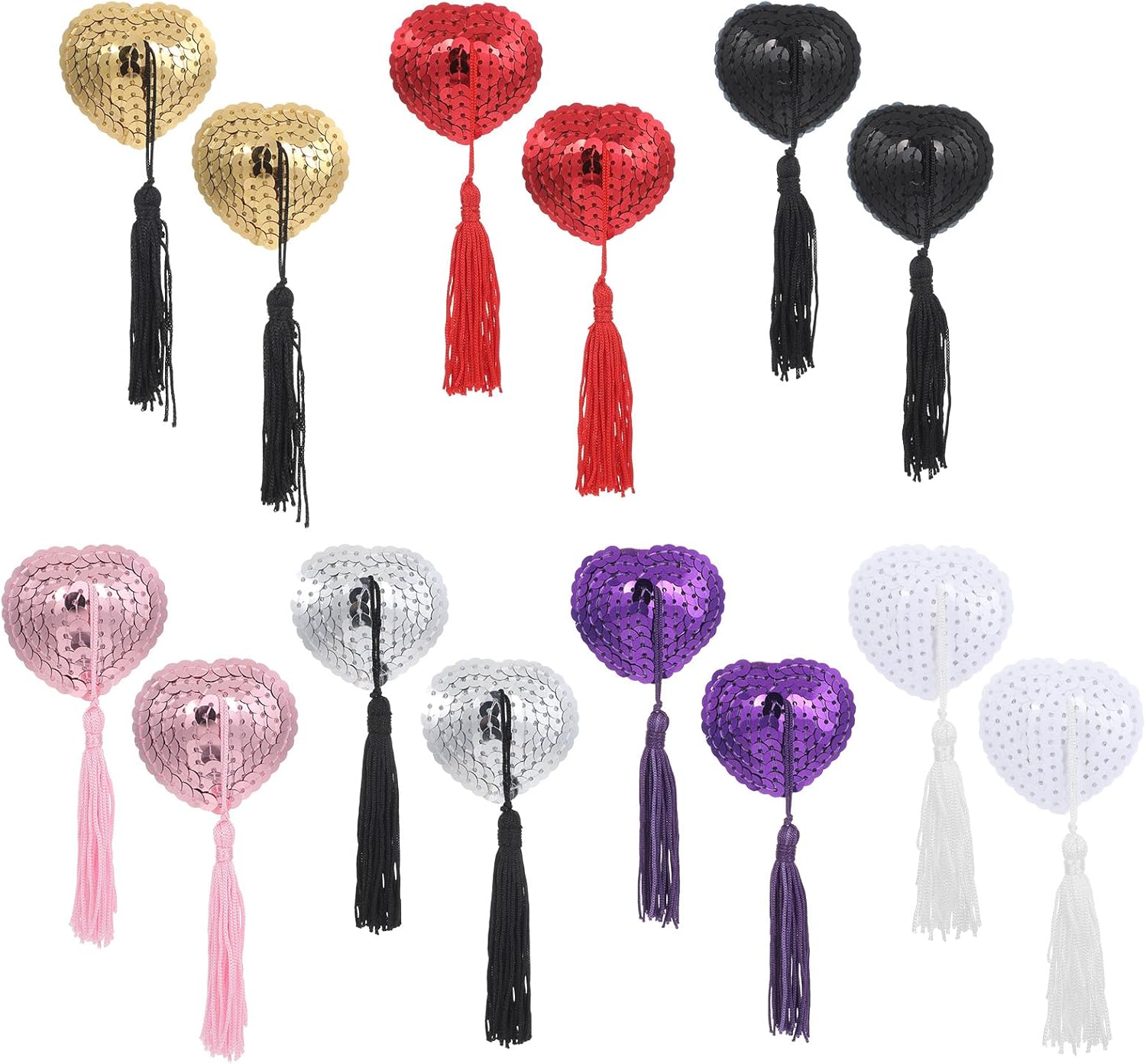7 Pairs Reusable Adhesive Nipple Cover Shiny Silicone Heart-Shaped Pastie Tassel for Women Party Valentine's Day Couple