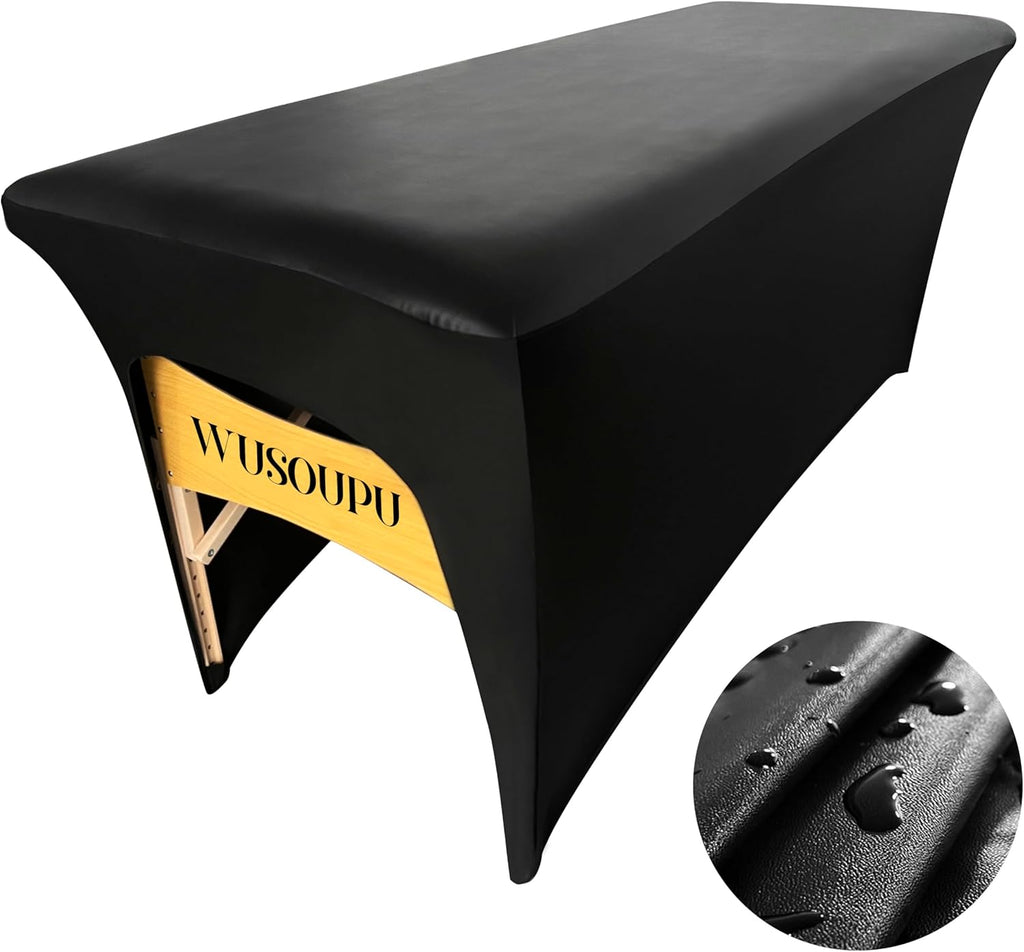 Wipeable Lash Bed Cover Massage Table Cover Waterproof and Reusable Wax Bed Cover for Esthetician, High Elasticity Vegan Leather Tablecloths for 6 FT Rectangular Table (Black)