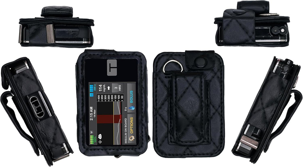 Premium Diamond Check Pattern Holster (with Belt Clip/Metal Loop/Lanyard) for Tandem Diabetes Care Insulin Pump T:Slim X2 (All Models) (Black)