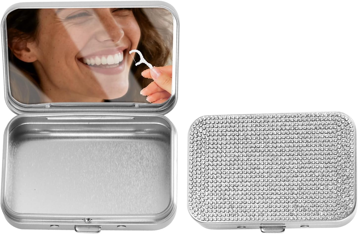 2Pack Bling Dental Floss Cases, Portable & Refillable Floss Pick Holders with Mirror, Gum Container Metal Tin Box Case for Q-tip,Cotton Swab (Bling Silver)