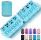 Foldable Weekly Pill Organizer 2 Times a Day with 2 Extra Compartments (Clear Printed Labels) - Portable 7 Day AM PM Medicine Box, Week Daily Travel Pill Case Holder for Vitamin, Supplement - Sky Blue