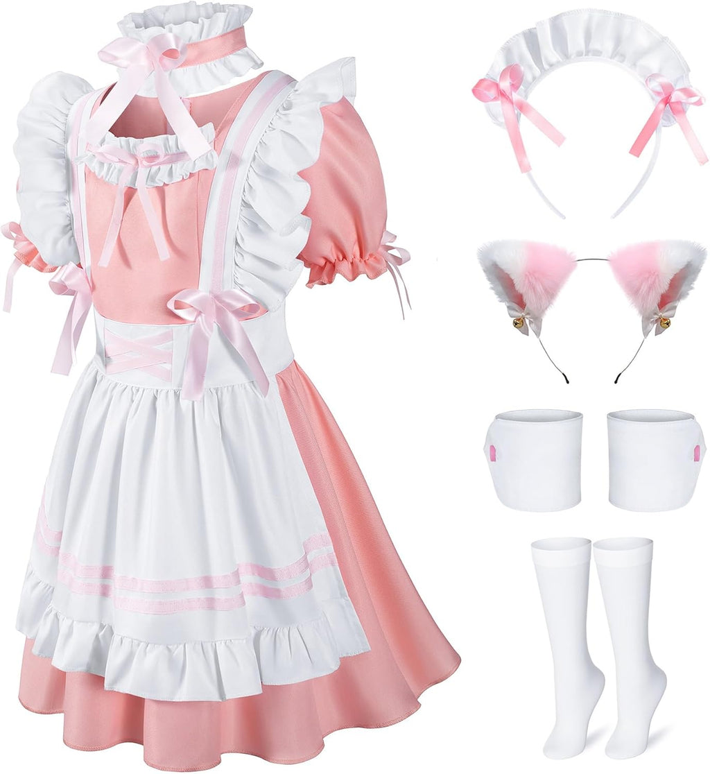 Girls French Maid Costume Maid Apron Fancy Dress Halloween Outfit Cosplay Costume Accessories Set