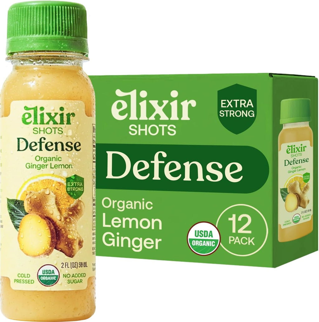 Elixir Shots, Ginger Lemon Wellness Shot with 100% Cold-Pressed Organic Ingredients, No Added Sugars or Artificial Ingredients, Defense Supershot, 12-Pack