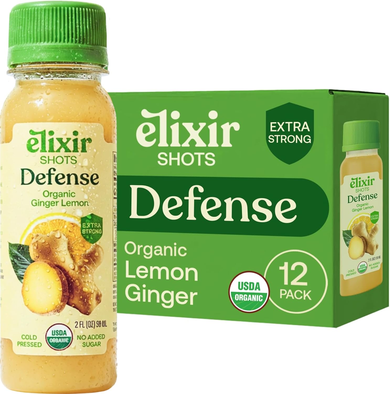 Elixir Shots, Ginger Lemon Wellness Shot with 100% Cold-Pressed Organic Ingredients, No Added Sugars or Artificial Ingredients, Defense Supershot, 12-Pack