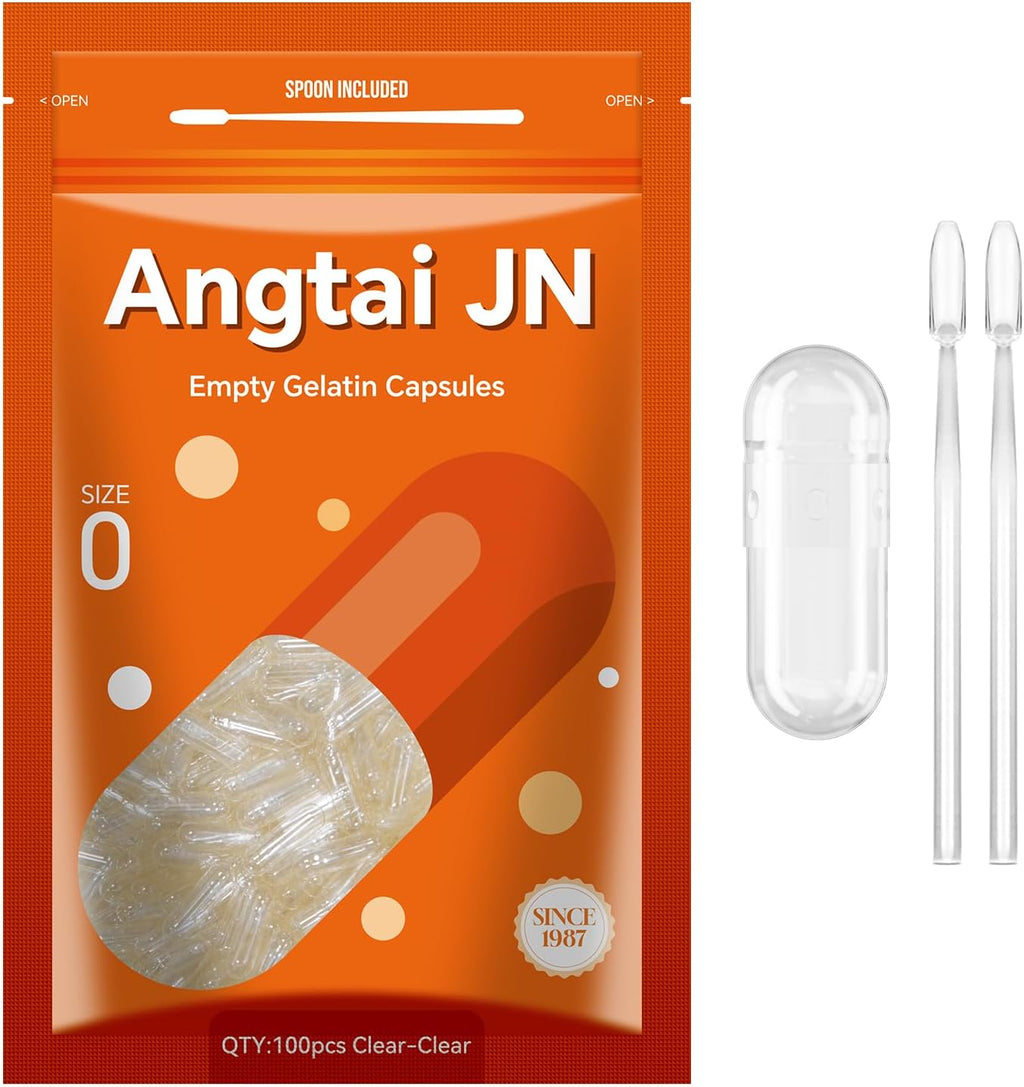 Size 0 Gelatin Capsules Empty Pill Gel Caps Pure Bovine Clear (100 Count) Gluten Free, Non-GMO, Halal Certified Filling Kit with 2 Spoons for DIY Your Own Supplements