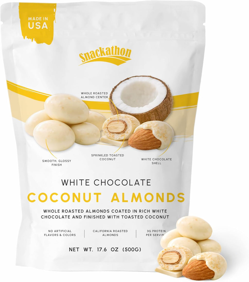 Snackathon Coconut White Chocolate Covered Almonds, 17.6 oz Resealable Bag, Whole Roasted Almonds Coated in Creamy White Chocolate and Toasted Coconut, Crunchy Tropical Nut Snack, Made in USA