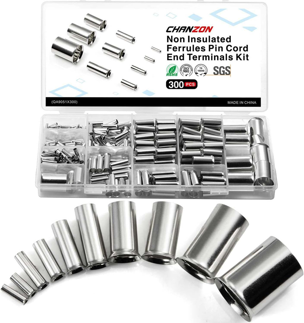 Chanzon 300pcs Wire Ferrules Kit for 16 18 14 12 10 8 6 1/0 2/0 AWG Gauge Cable Non Insulated Pure Copper Electrical Crimp Connector Terminal Tin Coating Tube Assorted