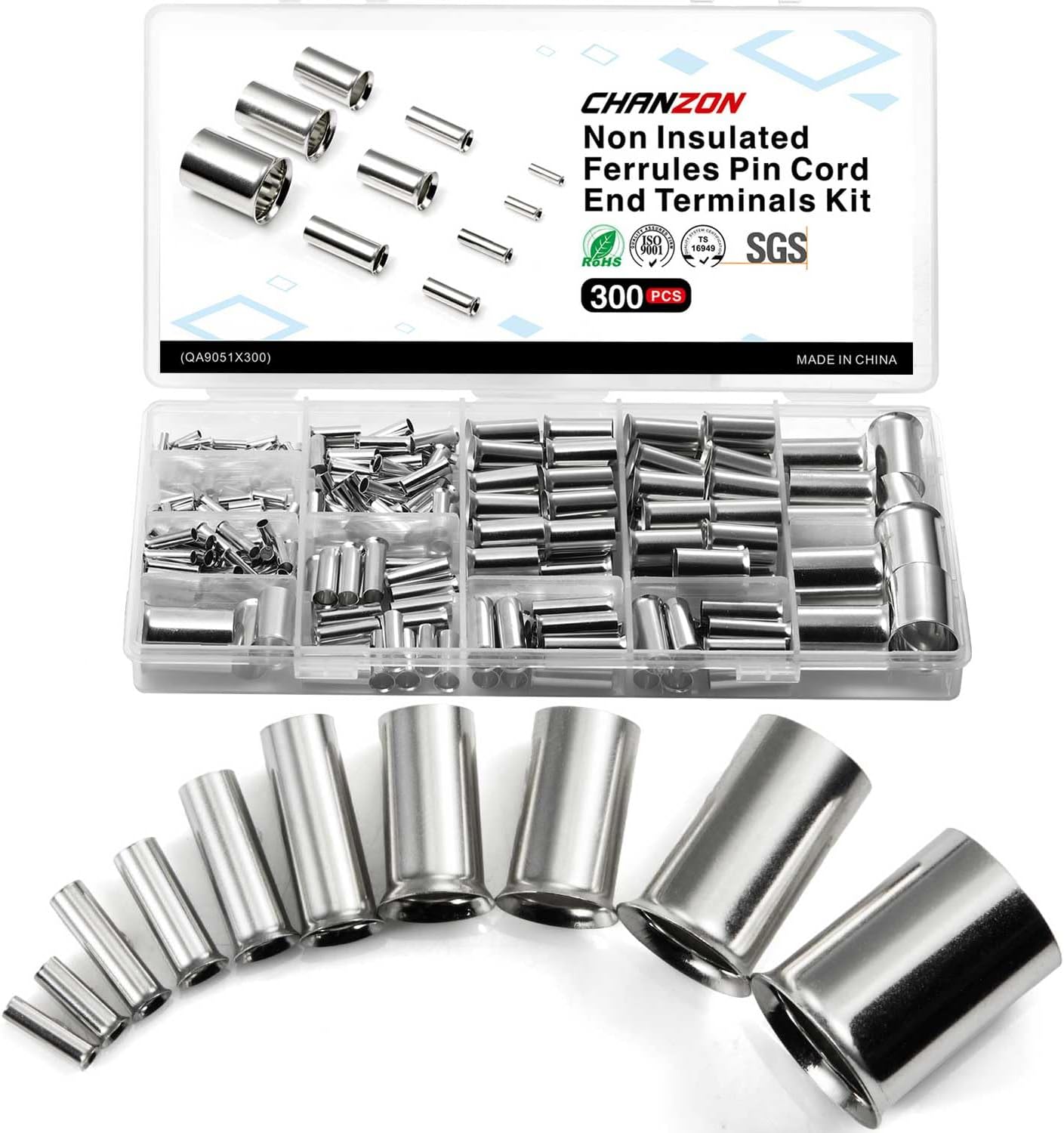 Chanzon 300pcs Wire Ferrules Kit for 16 18 14 12 10 8 6 1/0 2/0 AWG Gauge Cable Non Insulated Pure Copper Electrical Crimp Connector Terminal Tin Coating Tube Assorted