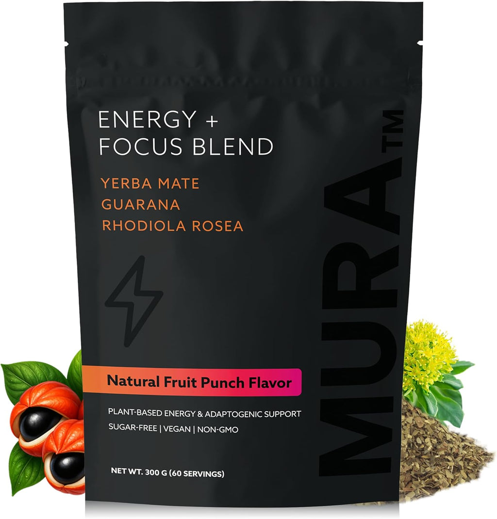Guarana Powder Fruit-Punch Flavoured with Yerba Mate & Rhodiola Rosea, Sugar-Free, Vegan, 40mg Caffeine, 60 Servings (300g) by Mura Wellness