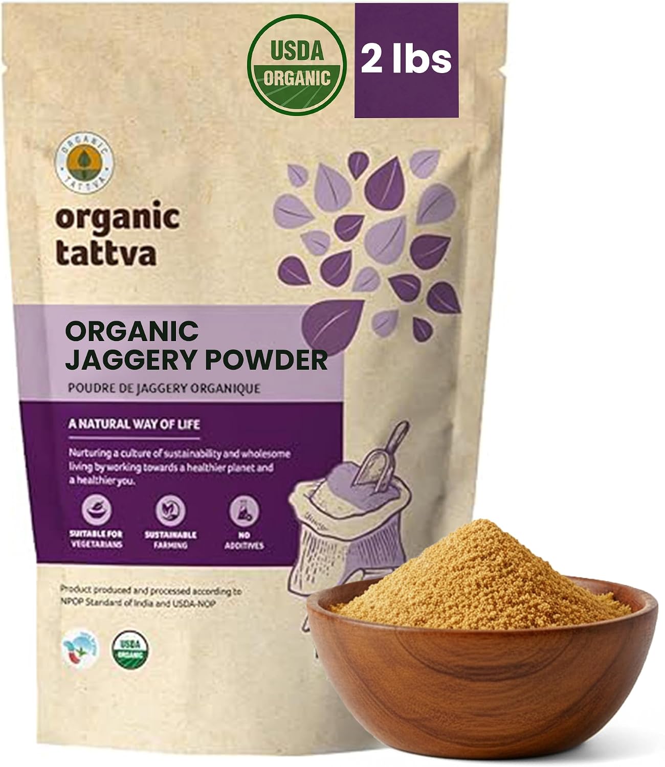 Organic Tattva Jaggery Powder (2 lbs) - Unique Powdered Sugar Substitute - Traditional Indian Gur Powder - Indian Sweetener with Zero Additives - USDA Certified Organic Sugar Substitute