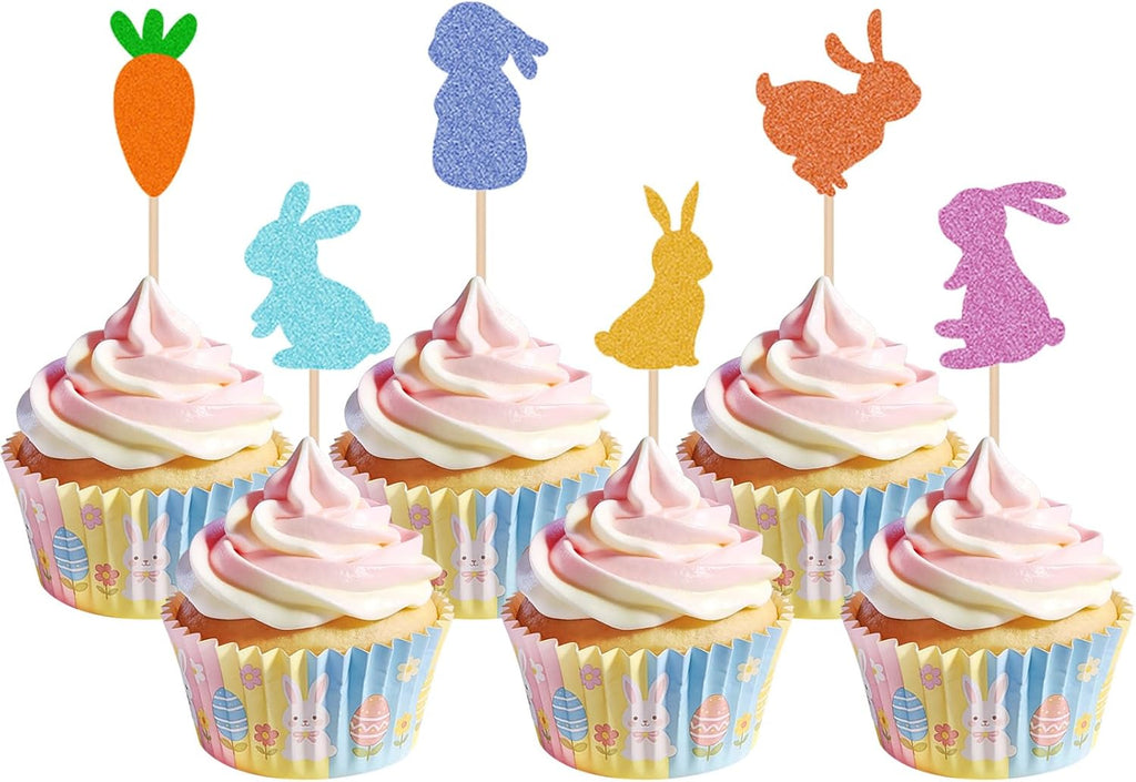 24Pcs Easter Cupcake Toppers, Bunny Carrot Cupcake Picks, Party Cake Decorations for Easter Parties, Family Gatherings, and Spring Parties