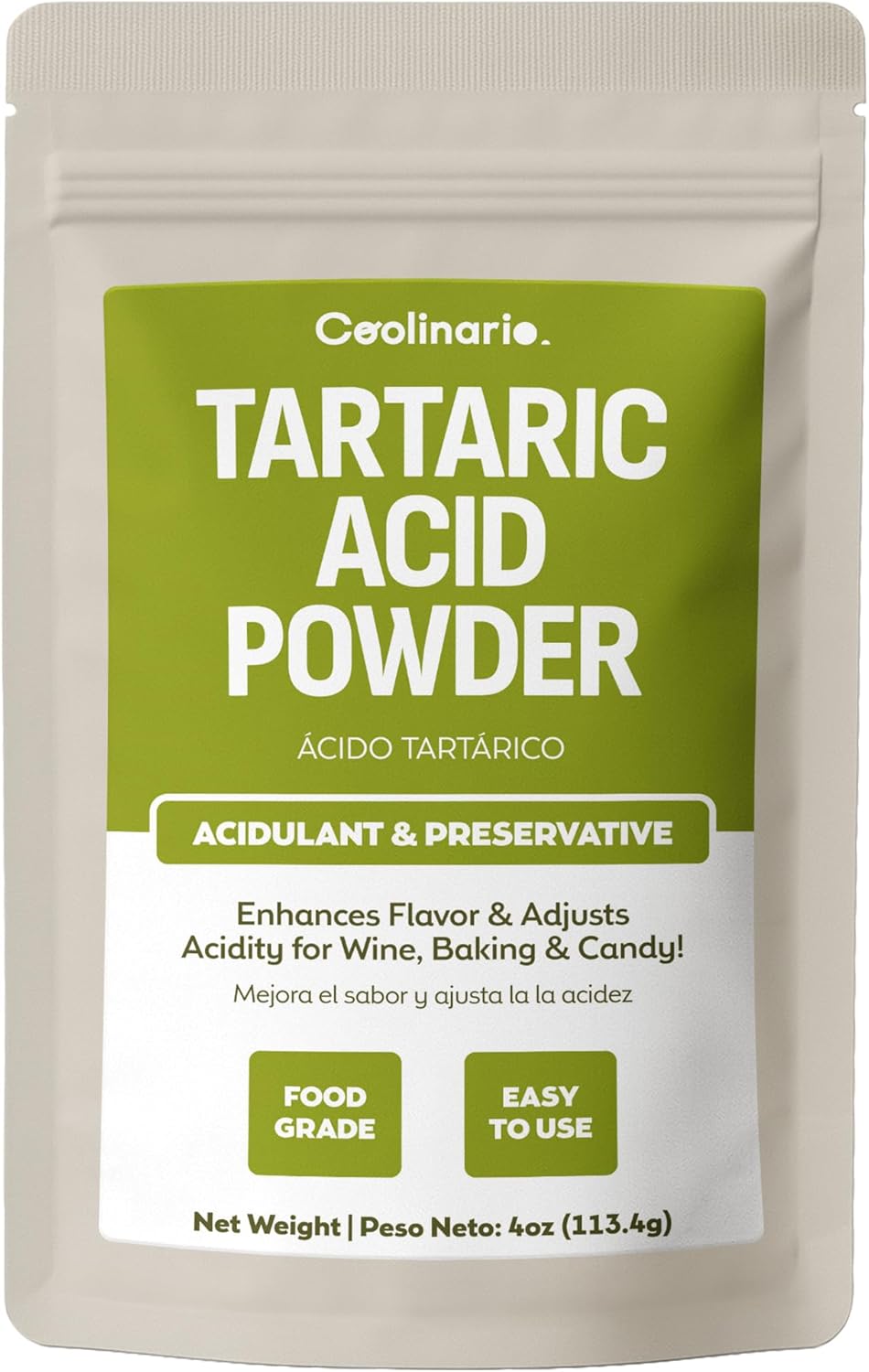 Coolinario Tartaric Acid Powder (4 Oz) Natural Acidulant for Wine, Baking & Candy | Enhances Flavor & Adjusts Acidity | Ideal for Cream of Tartar, Confections & pH Balancing | Food Grade