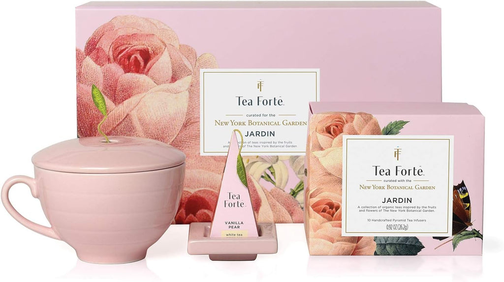 Tea Forte Gift Set with Cafe Cup, Tea Tray, Mini Presentation Box with 10 Handcrafted Pyramid Infuser Tea Bags, Gifts for Mom, Jardin Tea