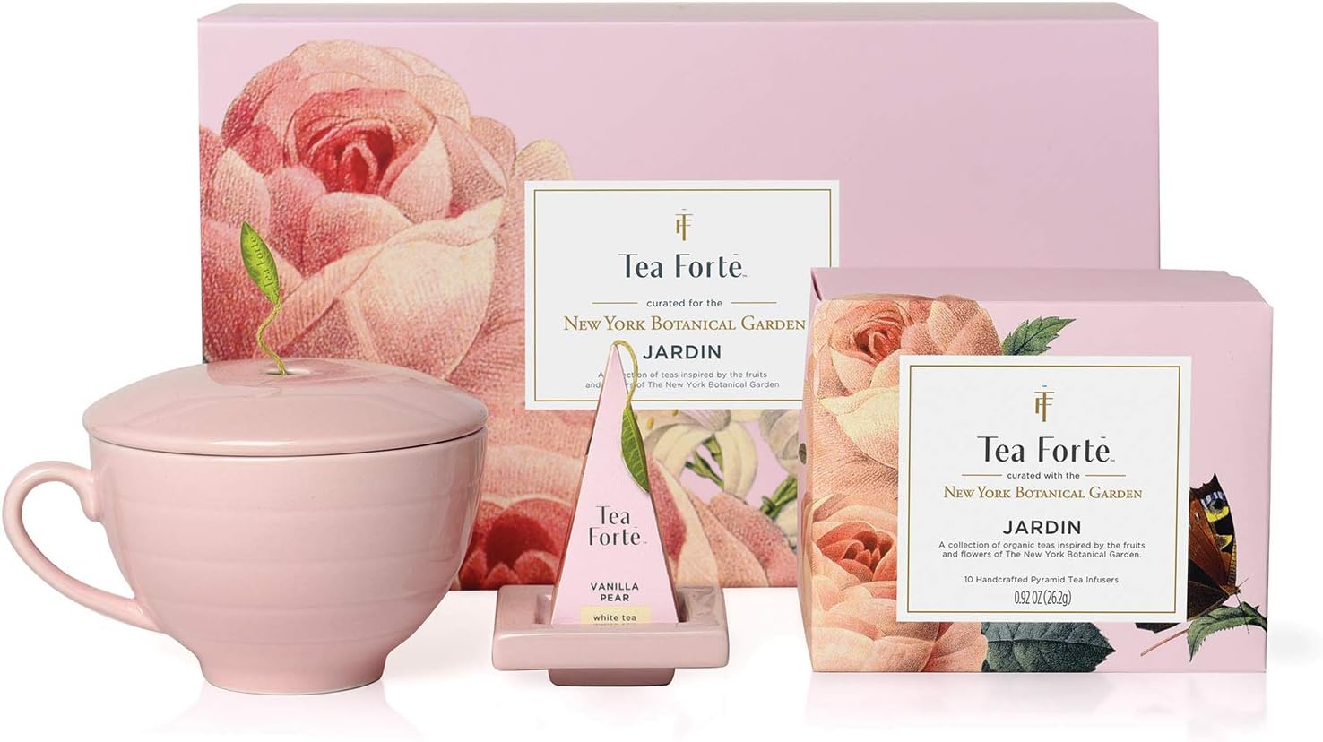 Tea Forte Gift Set with Cafe Cup, Tea Tray, Mini Presentation Box with 10 Handcrafted Pyramid Infuser Tea Bags, Gifts for Mom, Jardin Tea