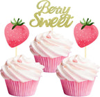 24 Pcs Strawberry Cupcake Topper Glitter Berry Sweet Cupcake Topper for Berry Rush Strawberry Theme Kids Birthday Frutti Party Baby Shower Wedding Bridal Shower Supplies (Berry Sweet Pink)