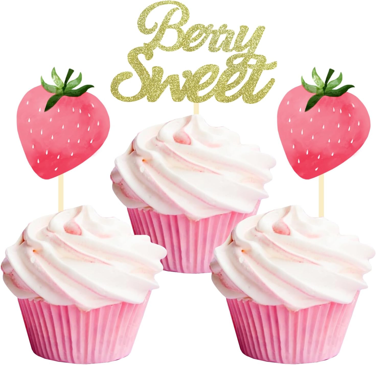 24 Pcs Strawberry Cupcake Topper Glitter Berry Sweet Cupcake Topper for Berry Rush Strawberry Theme Kids Birthday Frutti Party Baby Shower Wedding Bridal Shower Supplies (Berry Sweet Pink)