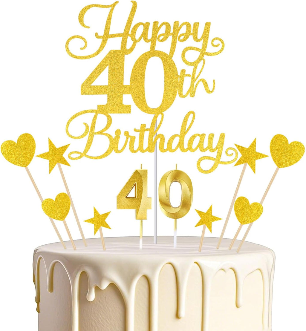 Happy 40th Birthday Cake Topper for 40th Birthday Decorations Numeral 40 Candle with Glitter Heart Cupcake Picks Set for Men Women Hello 40 Birthday Anniversary Party Cake Decor Supplies（GOLD）