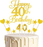 Happy 40th Birthday Cake Topper for 40th Birthday Decorations Numeral 40 Candle with Glitter Heart Cupcake Picks Set for Men Women Hello 40 Birthday Anniversary Party Cake Decor Supplies（GOLD）