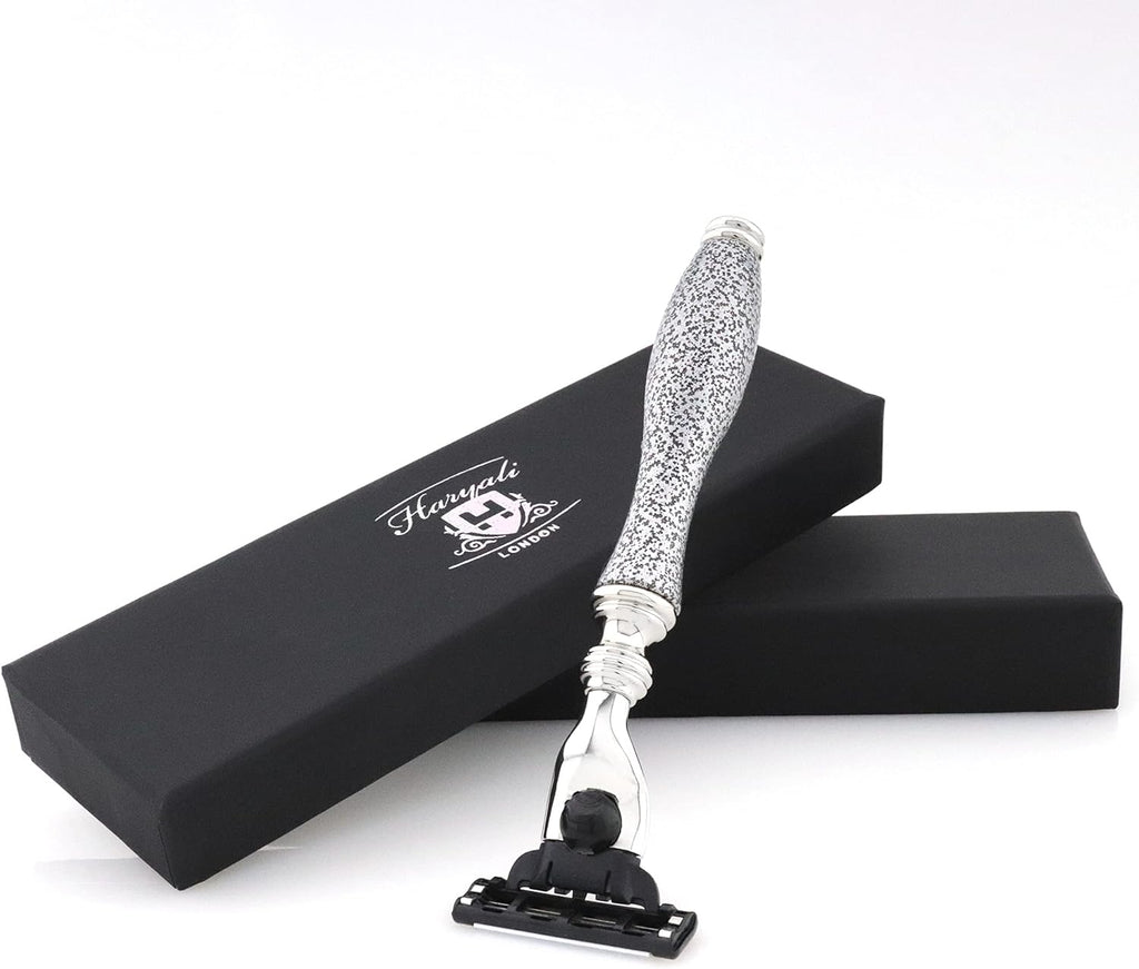 Haryali London 3 Edge Shaving Razor Handmade Silver Antique Design Handle Beard and Mustache Safety Razor For Men Perfect Shave