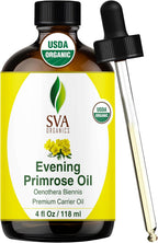 SVA Evening Primrose Oil Organic - 4 Fl Oz – 100% Natural Cold Pressed Organic Evening Primrose Oil - for Face, Skin Care, Hair Care, Scalp Massage & Body Massage – Carrier Oil with Dropper